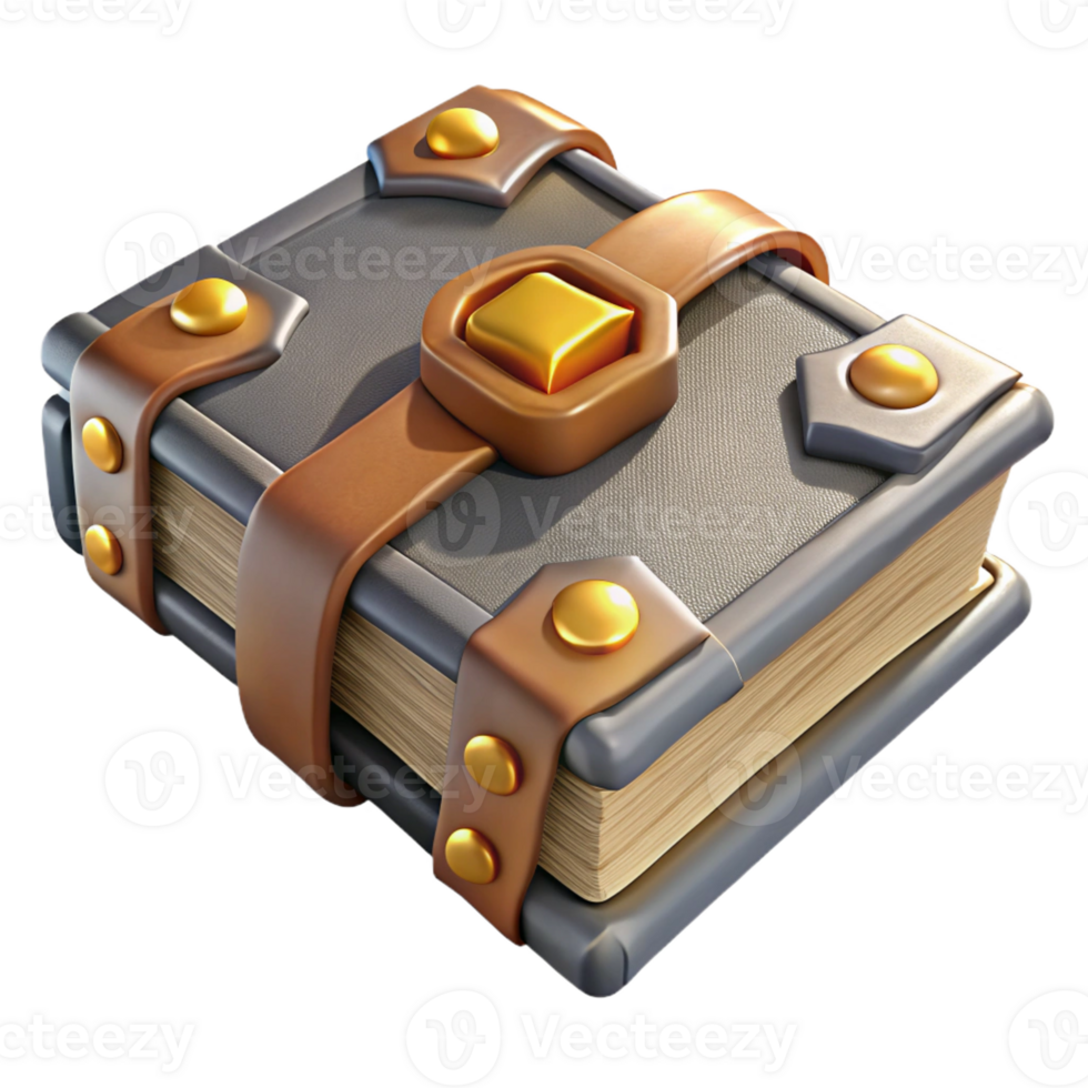 mesmerizing intense classic Photorealistic, ultra-detailed isolated cutout of a single, ancient grimoire with metallic bindings, professional render with Transparent Background original png