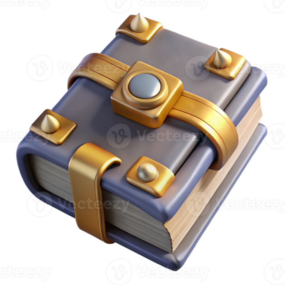 immaculate playful contemporary Photorealistic, ultra-detailed isolated cutout of a single, ancient grimoire with metallic bindings, professional render with Transparent Background flawless png