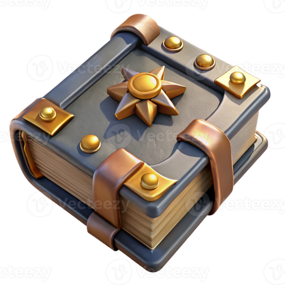 wonderful rustic Photorealistic, ultra-detailed isolated cutout of a single, ancient grimoire with metallic bindings, professional render with Transparent Background luxury png
