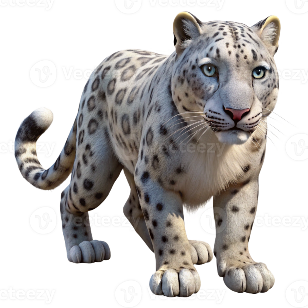 picturesque standout Photorealistic, ultra-detailed professional render of an isolated cutout of a single snow leopard, walking with Transparent Background png