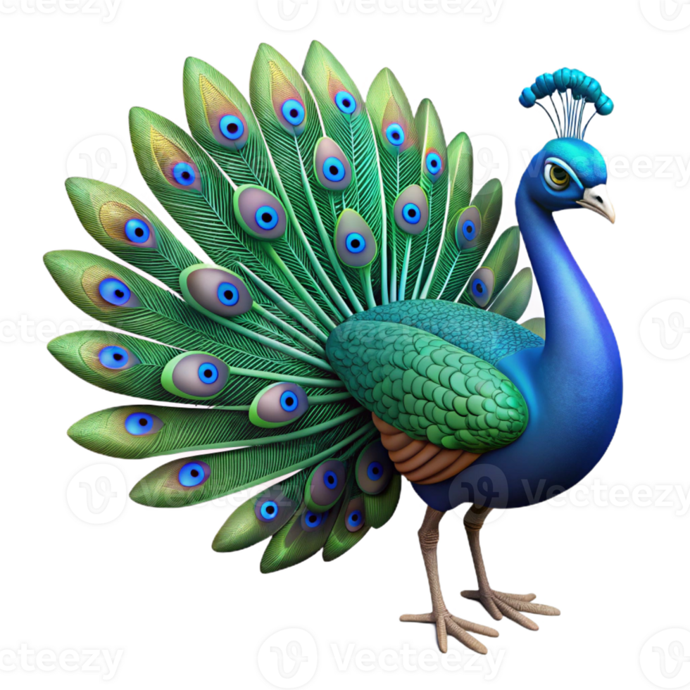 pristine quintessential Isolated cutout, ultra-detailed, photorealistic professional render of a single peacock with tail feathers fully displayed with Transparent Background png