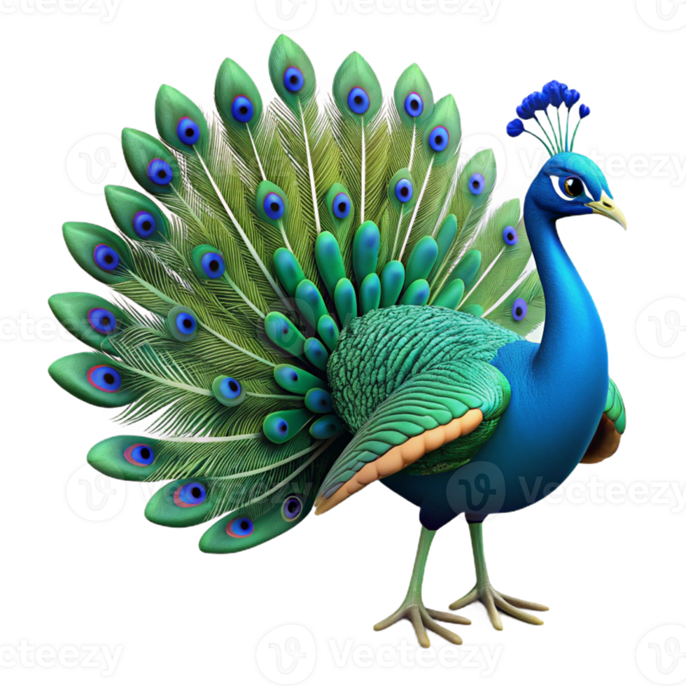 nostalgic radiant Isolated cutout, ultra-detailed, photorealistic professional render of a single peacock with tail feathers fully displayed with Transparent Background flawless png
