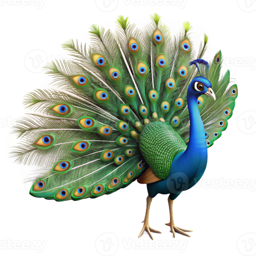 unparalleled creative Isolated cutout, ultra-detailed, photorealistic professional render of a single peacock with tail feathers fully displayed with Transparent Background studio quality png