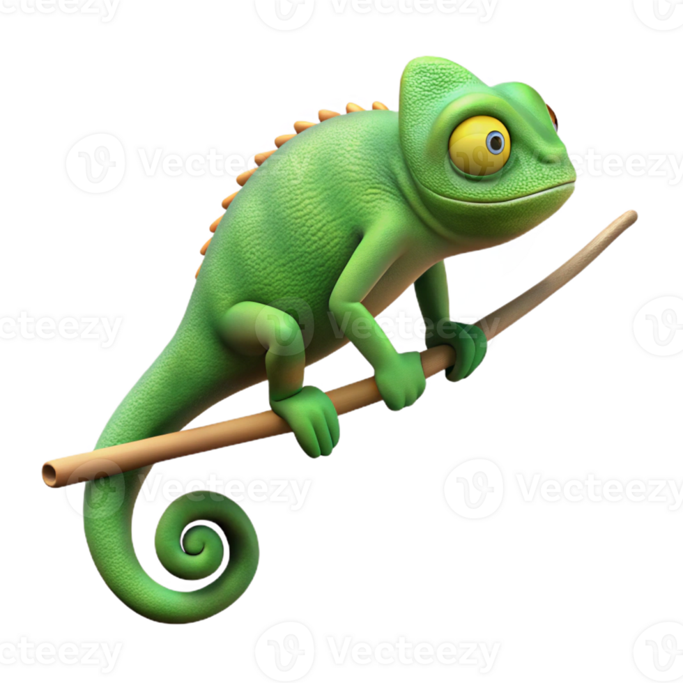 remarkable retro Hyper-specific concept art style, isolated cutout professional render of a single chameleon gripping a thin branch, changing color with Transparent Background authentic png