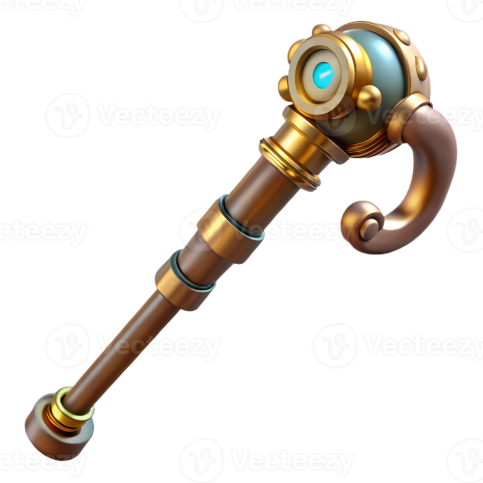 romantic glorious Steampunk cane with a brass handle and hidden gadgets with Transparent Background flawless png