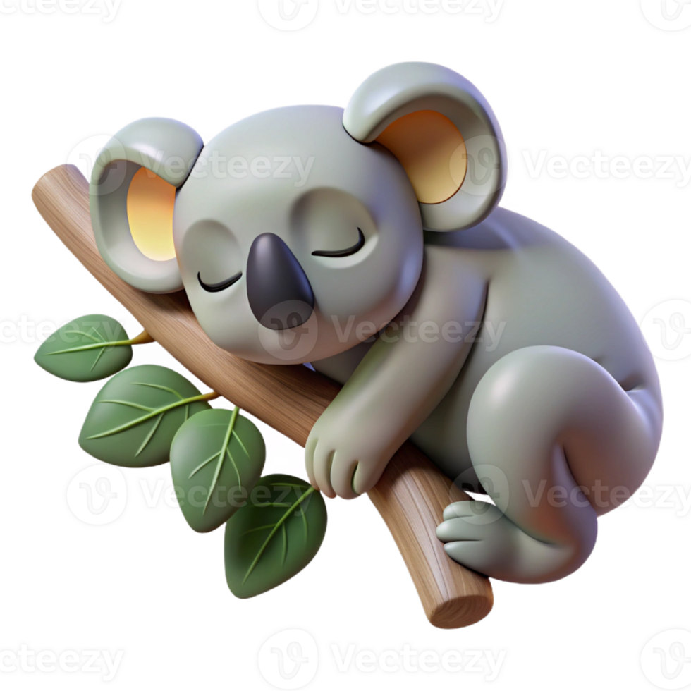 memorable renaissance Photorealistic, ultra-detailed professional render of an isolated cutout of a single sleeping koala clinging to a eucalyptus branch with Transparent Background impeccable png