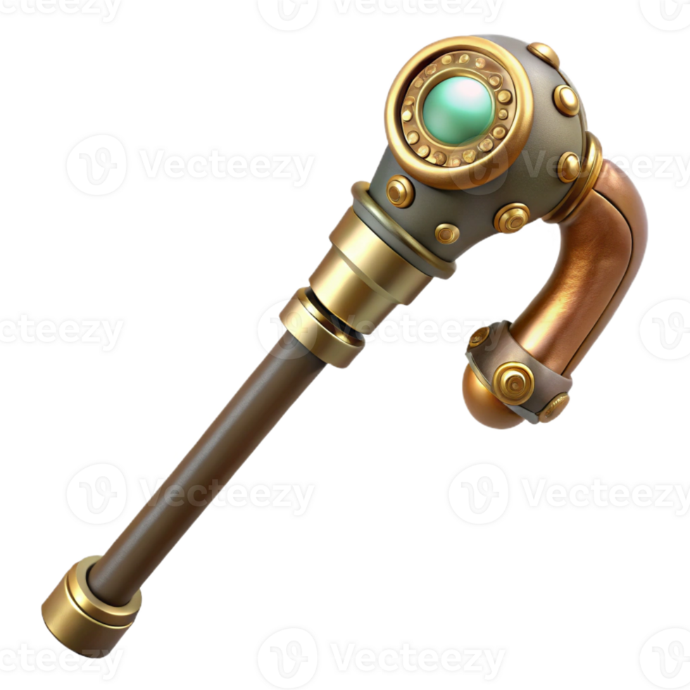 mesmerizing iconic Steampunk cane with a brass handle and hidden gadgets with Transparent Background png