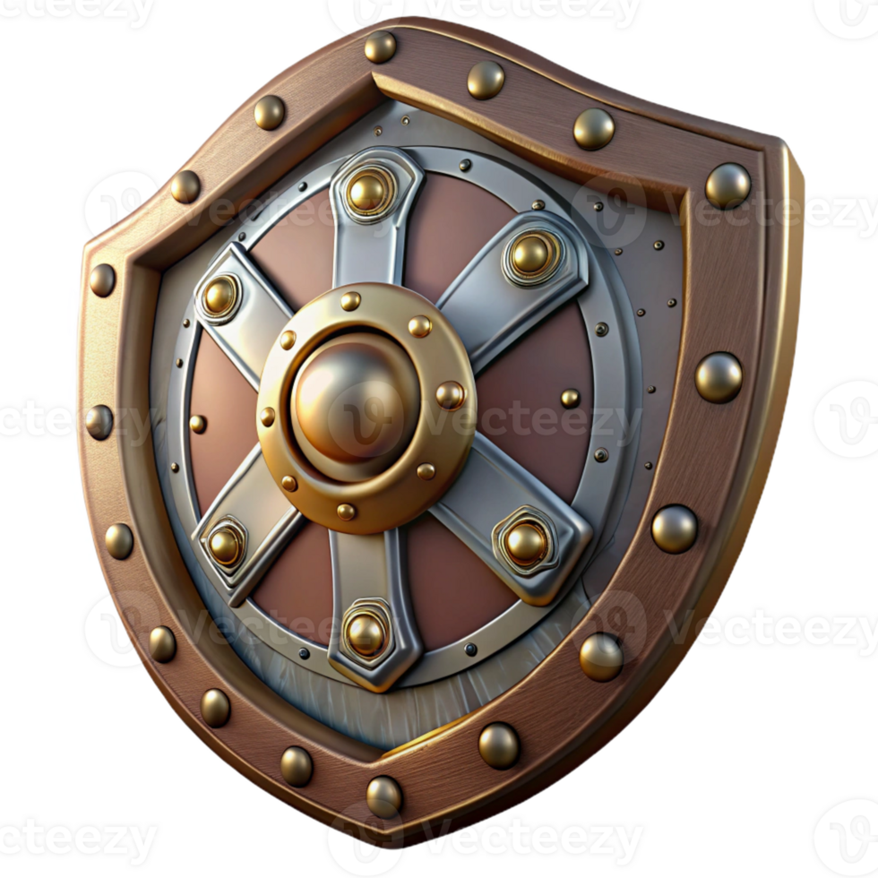 remarkable rustic Steampunk shield with intricate metalwork and rivets with Transparent Background museum quality png
