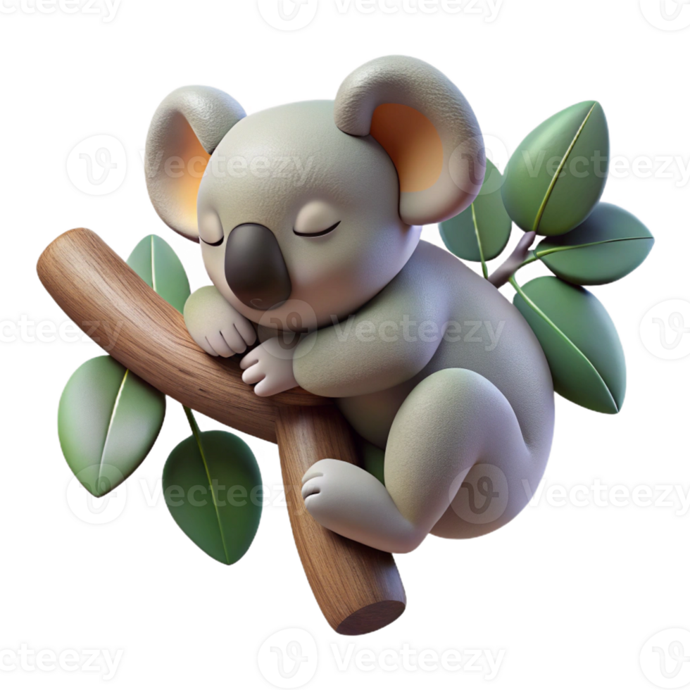 pristine renaissance Photorealistic, ultra-detailed professional render of an isolated cutout of a single sleeping koala clinging to a eucalyptus branch with Transparent Background high resolution png
