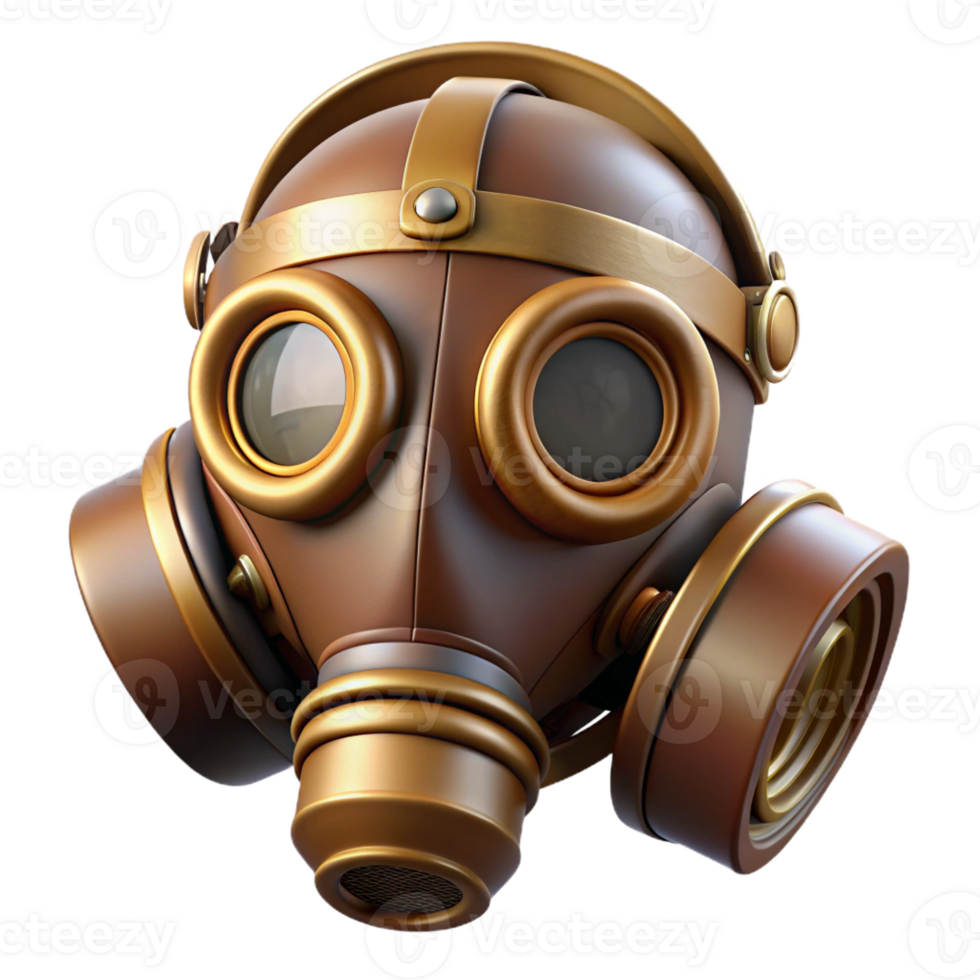 signature mid-century Steampunk gas mask with brass filters and leather straps with Transparent Background 4K png