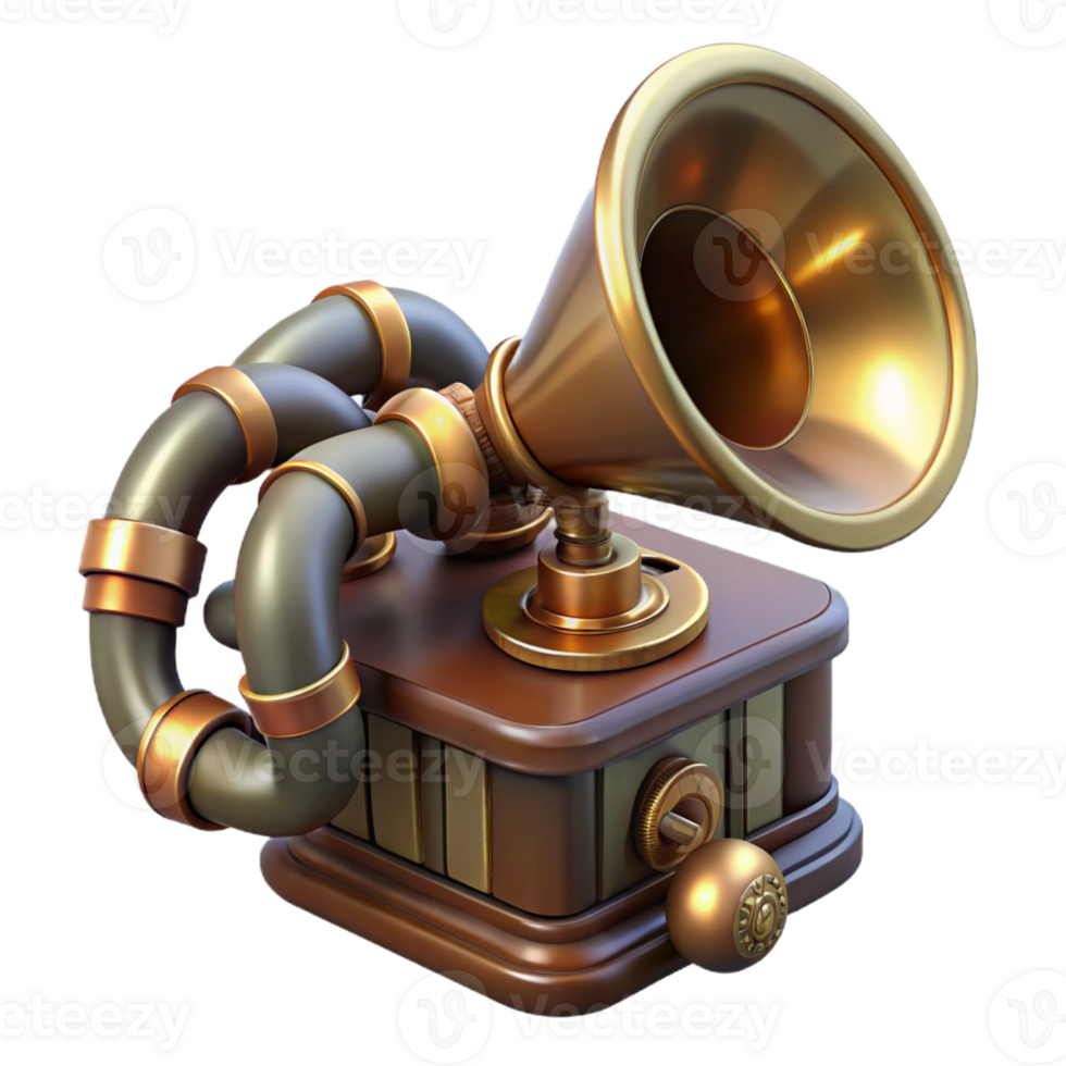 pristine energetic nordic Steampunk phonograph with a large brass horn with Transparent Background artisan png