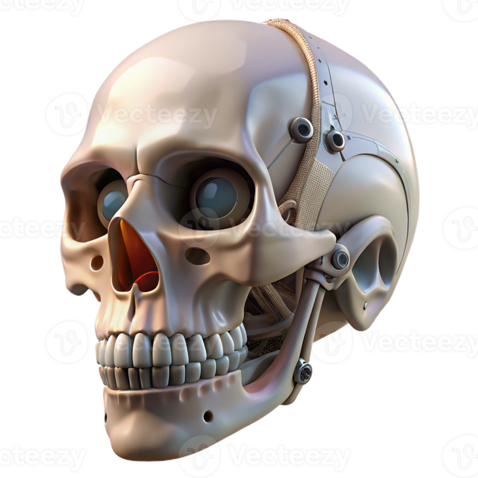striking memorable Photorealistic professional render of a hyper-specific biomechanical skull with exposed jaw mechanisms and fiber optic nerves Isolated cutout with Transparent Background png