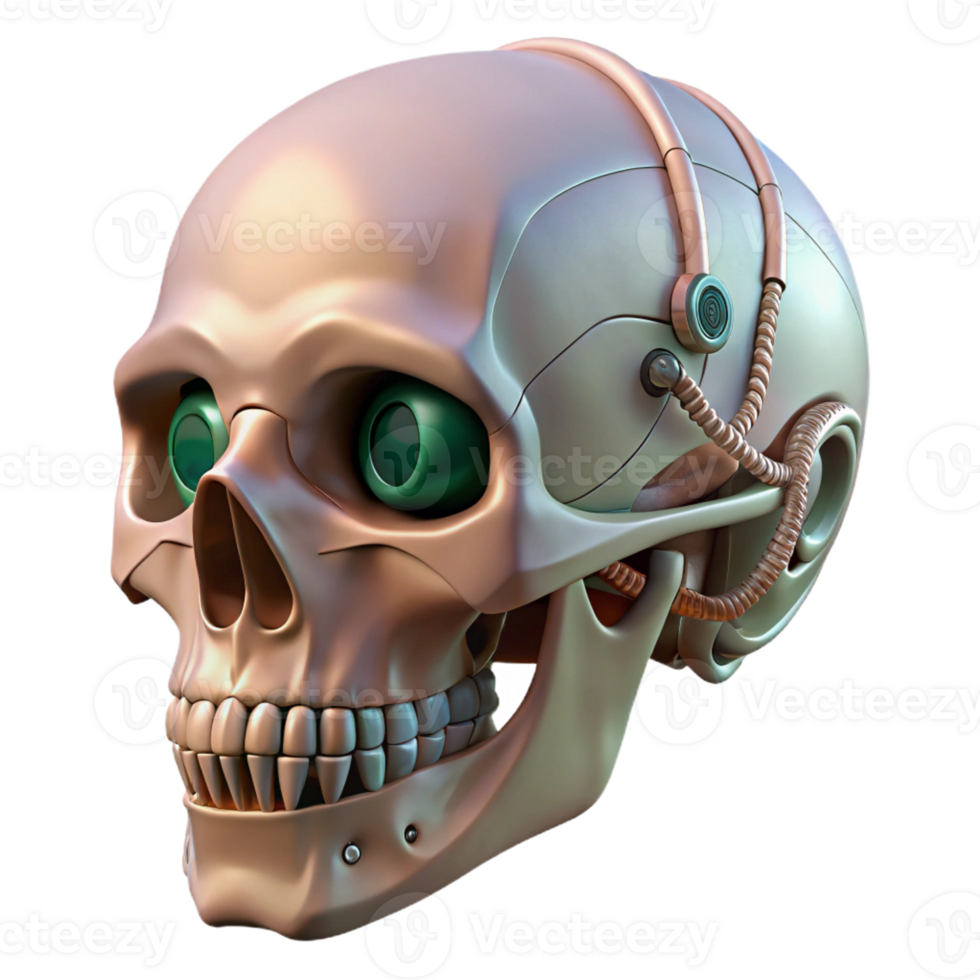 standout vintage Photorealistic professional render of a hyper-specific biomechanical skull with exposed jaw mechanisms and fiber optic nerves Isolated cutout with Transparent Background flawless png