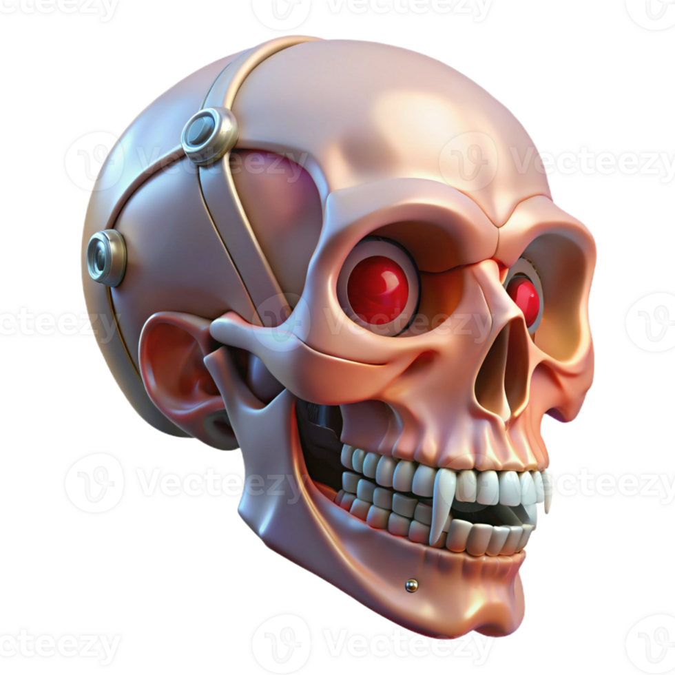 rare surreal Photorealistic professional render of a hyper-specific biomechanical skull with exposed jaw mechanisms and fiber optic nerves Isolated cutout with Transparent Background refined png