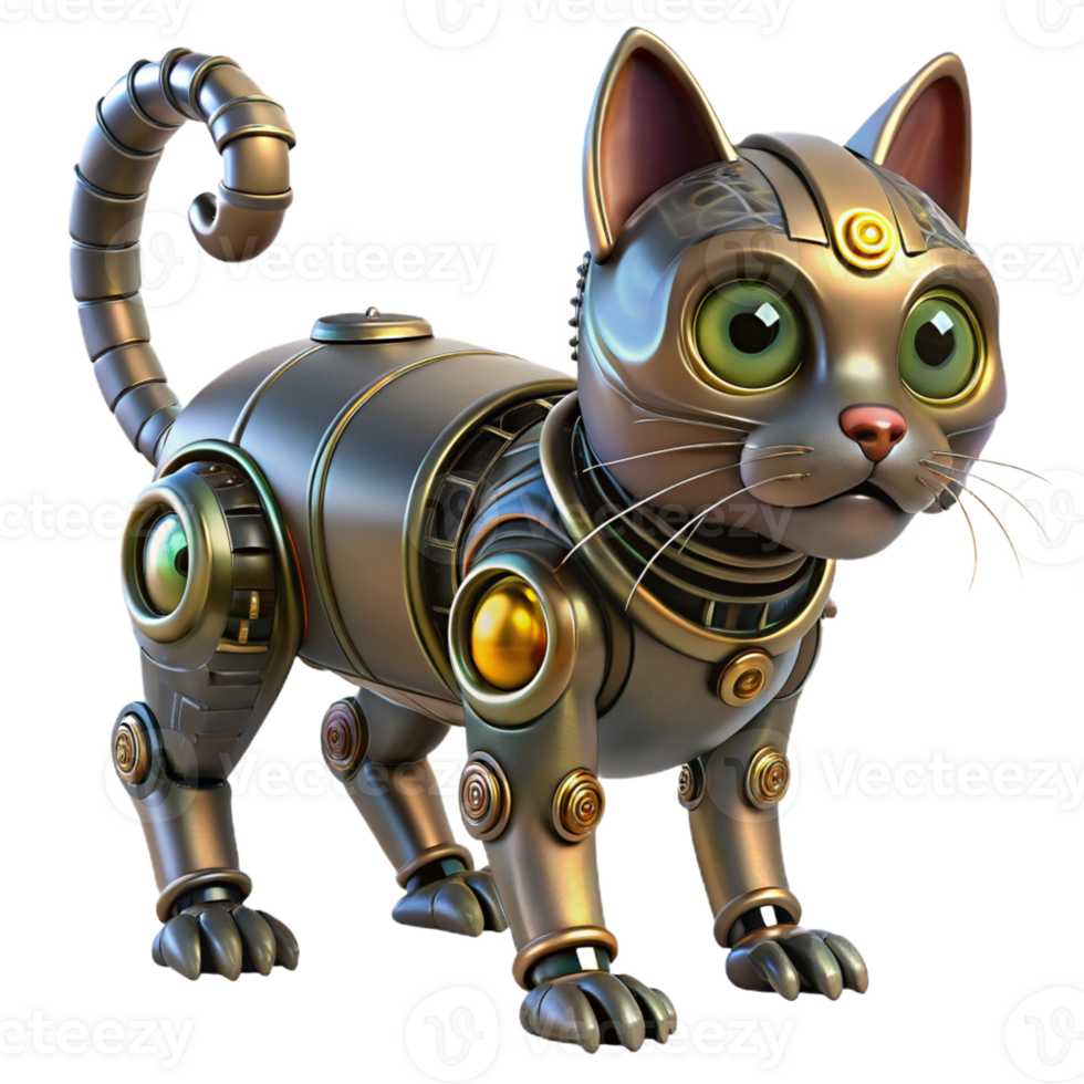 sought-after classic Steampunk robotic cat with glowing eyes and intricate wiring with Transparent Background gallery standard png