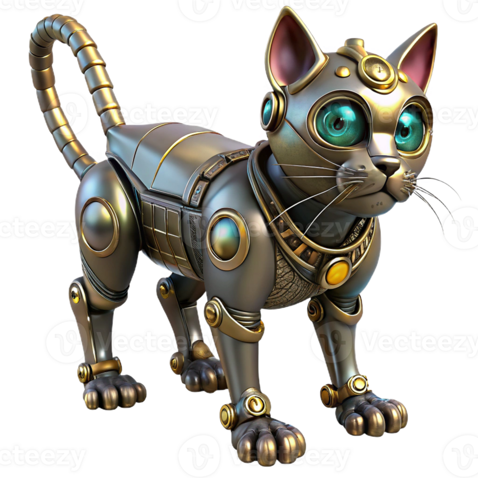 sumptuous rustic Steampunk robotic cat with glowing eyes and intricate wiring with Transparent Background professional png