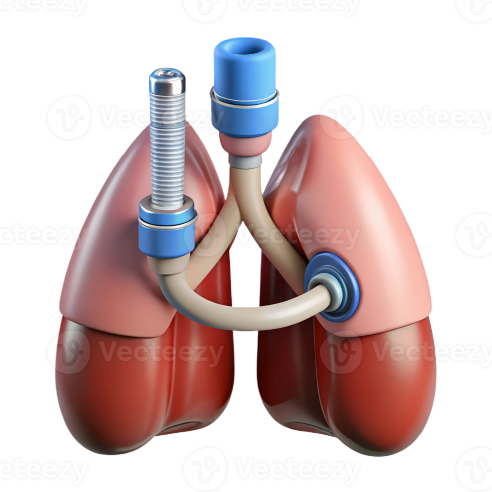 peaceful alluring Hyper-specific, professional render of a biomechanical lung with filtration membranes and oxygen tanks Isolated cutout Photorealistic with Transparent Background flawless png