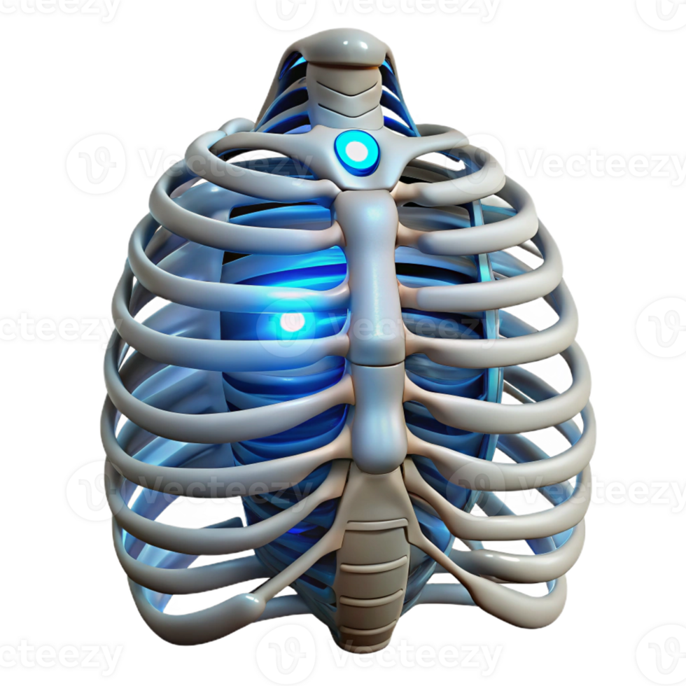 splendid unparalleled Hyper-specific, professional render of a biomechanical ribcage with integrated power cells and glowing LEDs Isolated cutout Photorealistic with Transparent Background png