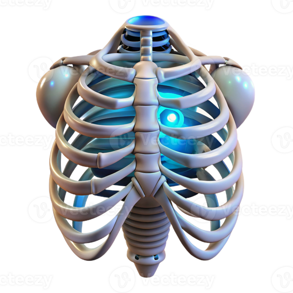 signature tropical Hyper-specific, professional render of a biomechanical ribcage with integrated power cells and glowing LEDs Isolated cutout Photorealistic with Transparent Background authentic png