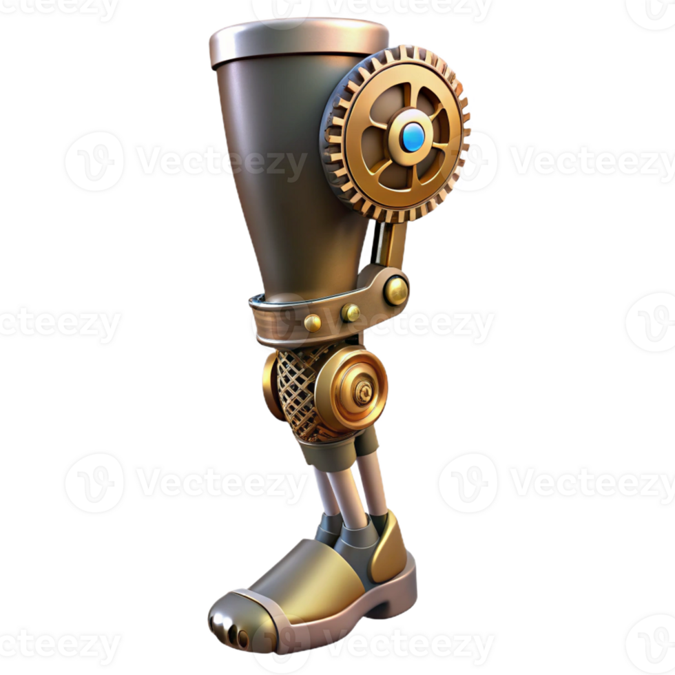 reflective exquisite Steampunk prosthetic leg with visible gears and pistons with Transparent Background studio quality png