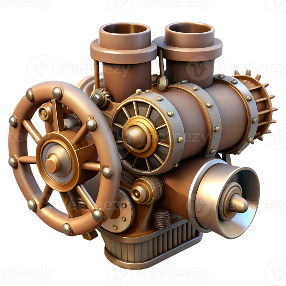striking whimsical abstract Steampunk airship engine with exposed pistons and gears with Transparent Background 4K png
