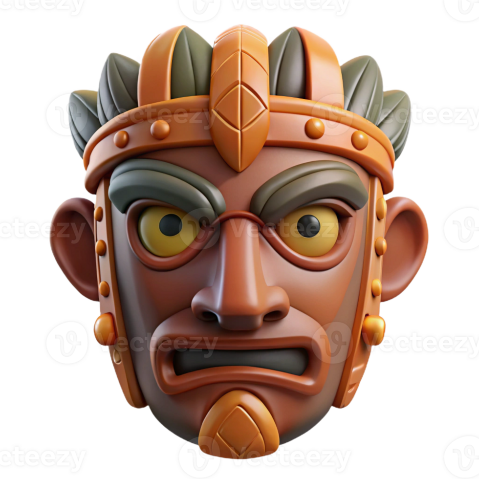 magnificent impressionist Photorealistic, ultra-detailed, hyper-specific professional render of a tribal warrior's hand-carved wooden mask, isolated cutout with Transparent Background 4K png