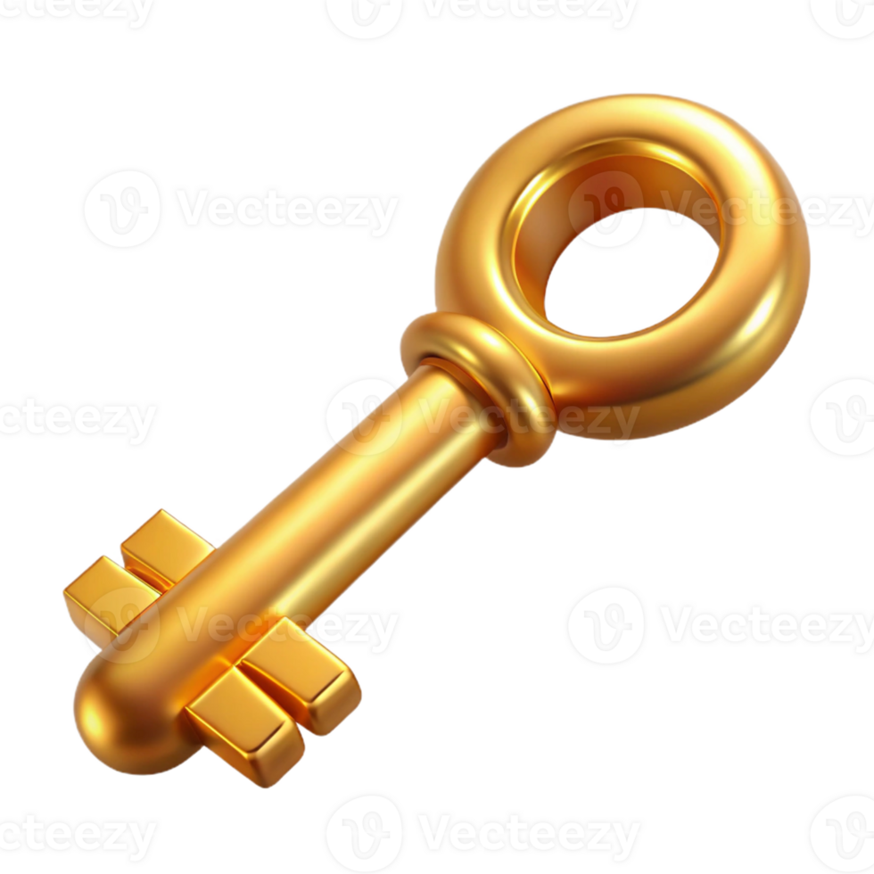 serene intense avant-garde Isolated cutout of a single, intricate, golden celestial key, photorealistic, ultra-detailed engravings, professional render with Transparent Background studio quality png
