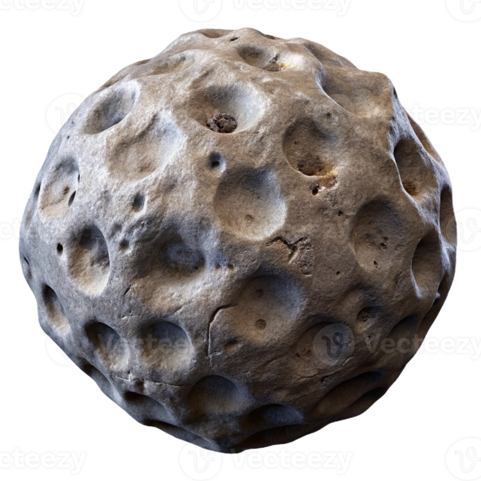 splendid mid-century Hyper-specific, isolated cutout of a single, ancient, weathered asteroid, ultra-detailed surface textures, professional render with Transparent Background top-tier png