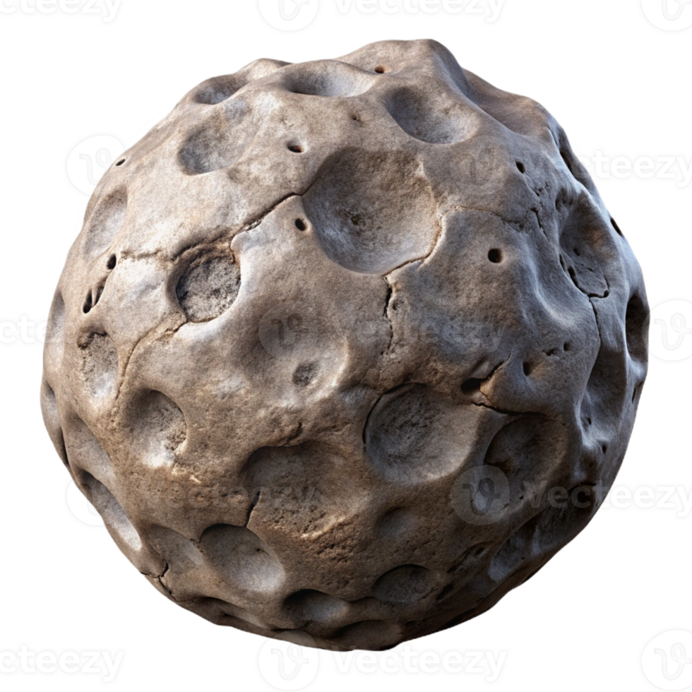 unforgettable art deco Hyper-specific, isolated cutout of a single, ancient, weathered asteroid, ultra-detailed surface textures, professional render with Transparent Background premium png