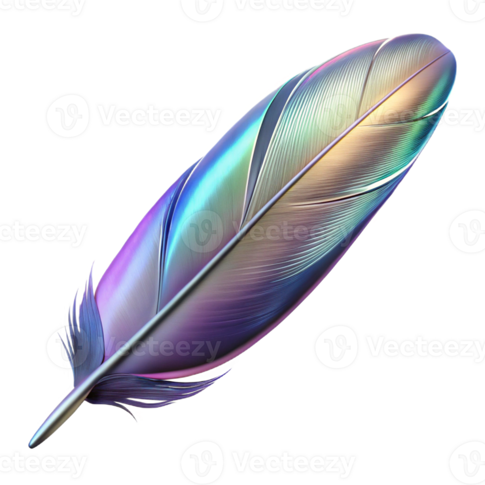 vibrant elegant Ultra-detailed, photorealistic isolated cutout of a single, floating feather with holographic iridescence with Transparent Background high quality png