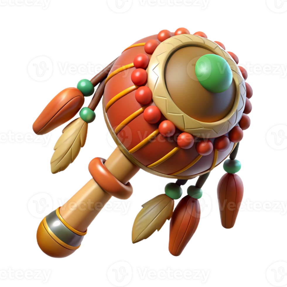 striking remarkable Concept art style, isolated cutout of a tribal shaman's ceremonial rattle adorned with feathers and beads with Transparent Background png