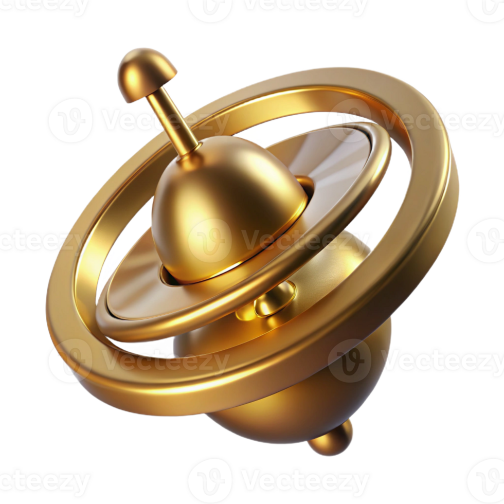 immaculate dynamic minimalist Hyper-specific professional render of an isolated, rotating, gyroscope made of polished brass Isolated cutout with Transparent Background detailed png