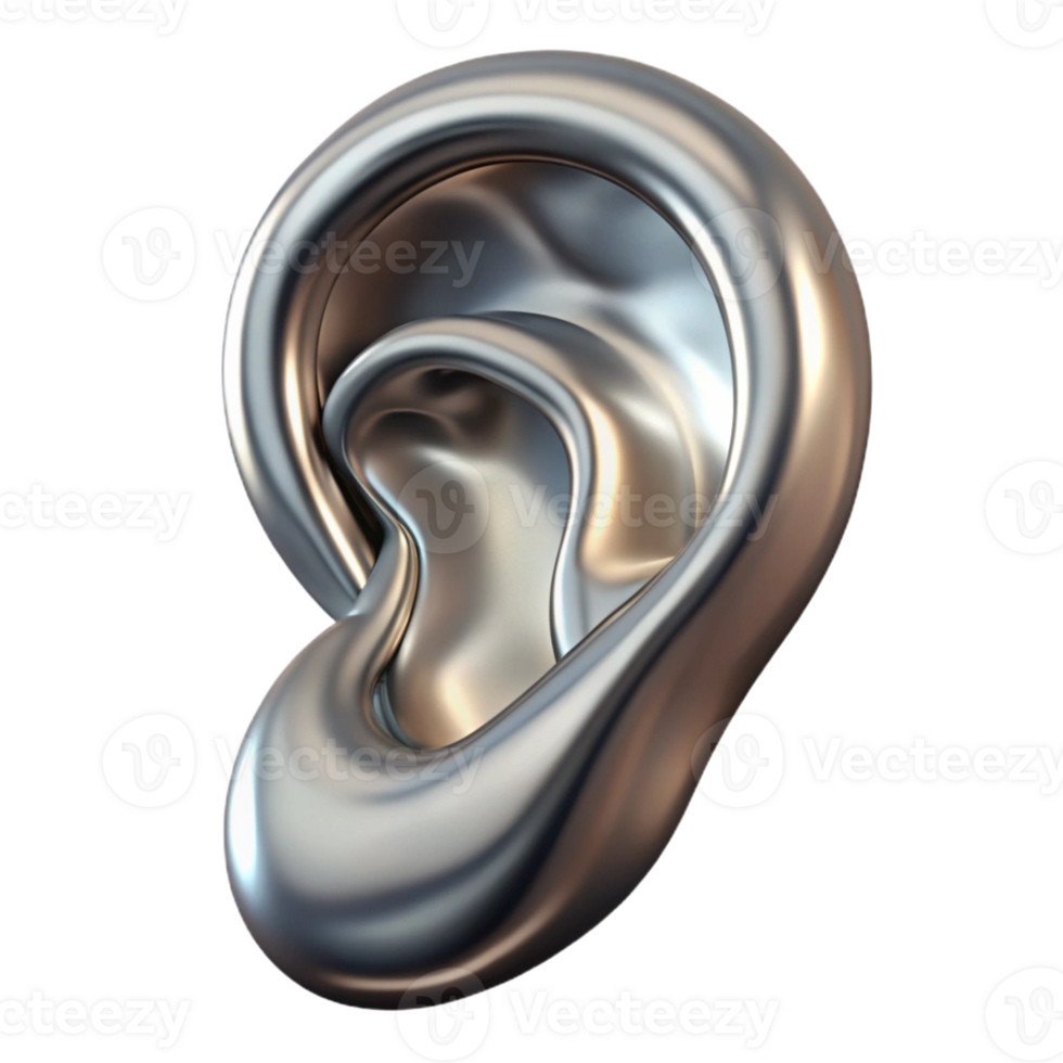 vibrant renaissance A single, stylized human ear made of flowing liquid metal with Transparent Background artisan png