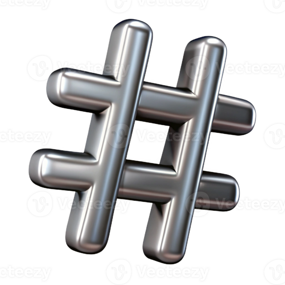 stunning unforgettable A single, stylized hashtag symbol made of brushed steel with Transparent Background png