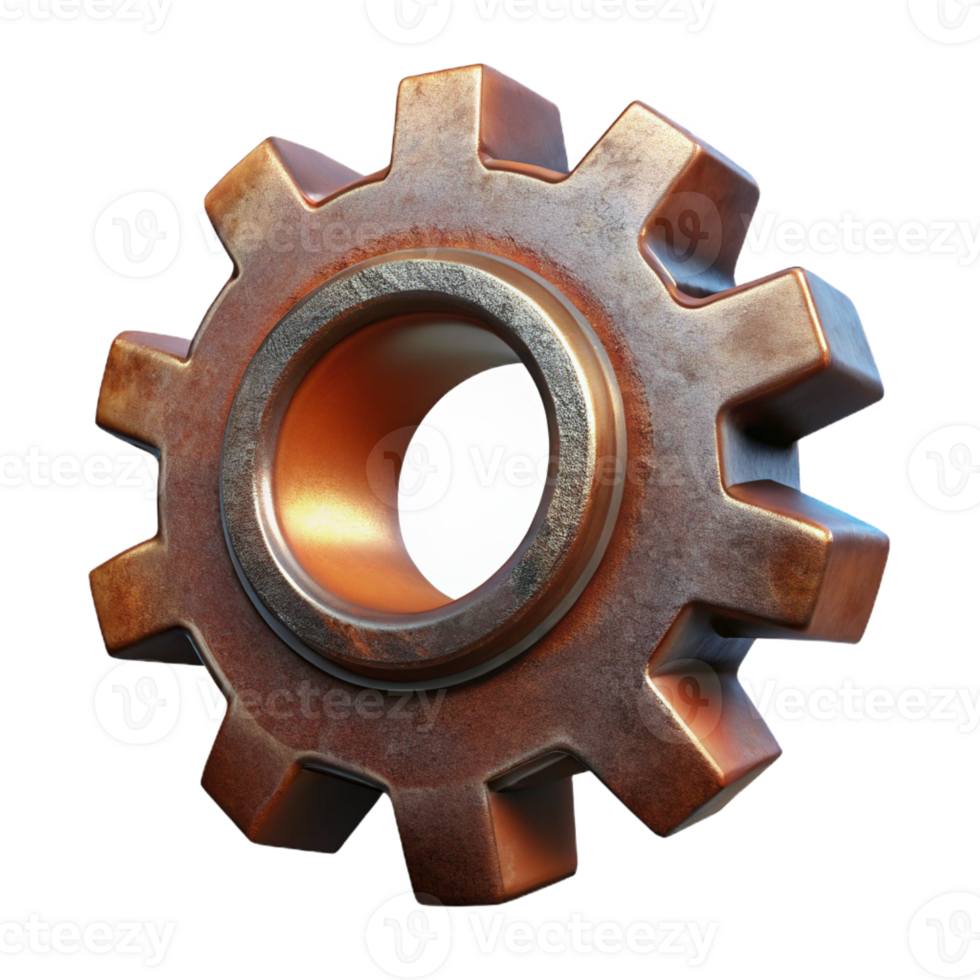 striking iconic Hyper-specific professional render of an isolated, floating, gear cogwheel made of rusted metal Isolated cutout with Transparent Background png