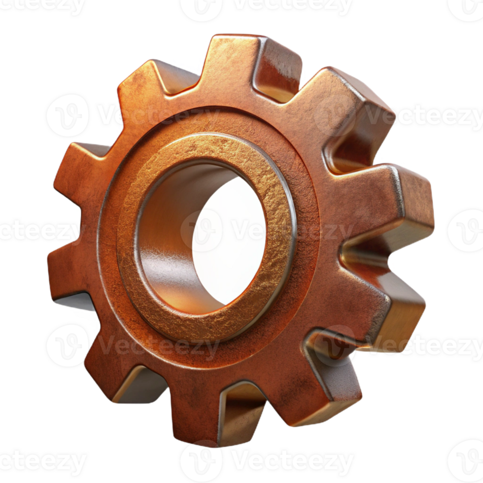 unparalleled creative Hyper-specific professional render of an isolated, floating, gear cogwheel made of rusted metal Isolated cutout with Transparent Background artisan png