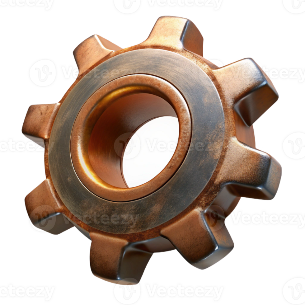 passionate serene Hyper-specific professional render of an isolated, floating, gear cogwheel made of rusted metal Isolated cutout with Transparent Background studio quality png