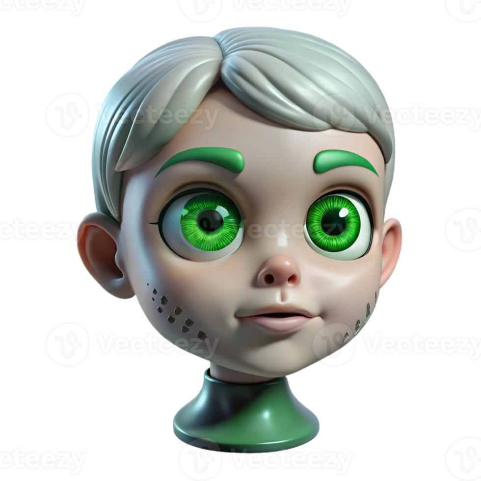 pristine reflective coastal Concept art style, isolated cutout of a single, decaying, antique porcelain doll head with a single, oversized, emerald green eye with Transparent Background professional png