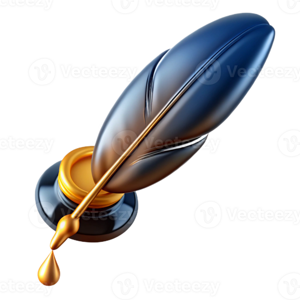 playful picturesque Ultra-detailed, professional render of a solitary, floating, obsidian black feather pen, dripping with liquid gold ink with Transparent Background expertly shot png