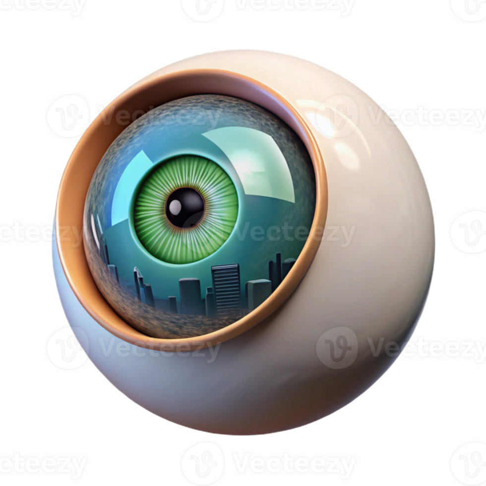 passionate alluring Concept art style, isolated cutout of a single, giant, hyperrealistic eyeball, with a miniature city reflected in its pupil with Transparent Background gallery standard png