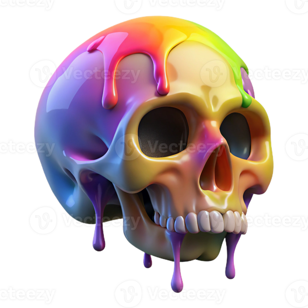 hypnotic ethereal industrial Photorealistic, hyper-specific, isolated cutout of a single, melting, wax anatomical human skull, dripping with vibrant rainbow colors with Transparent Background sharp png