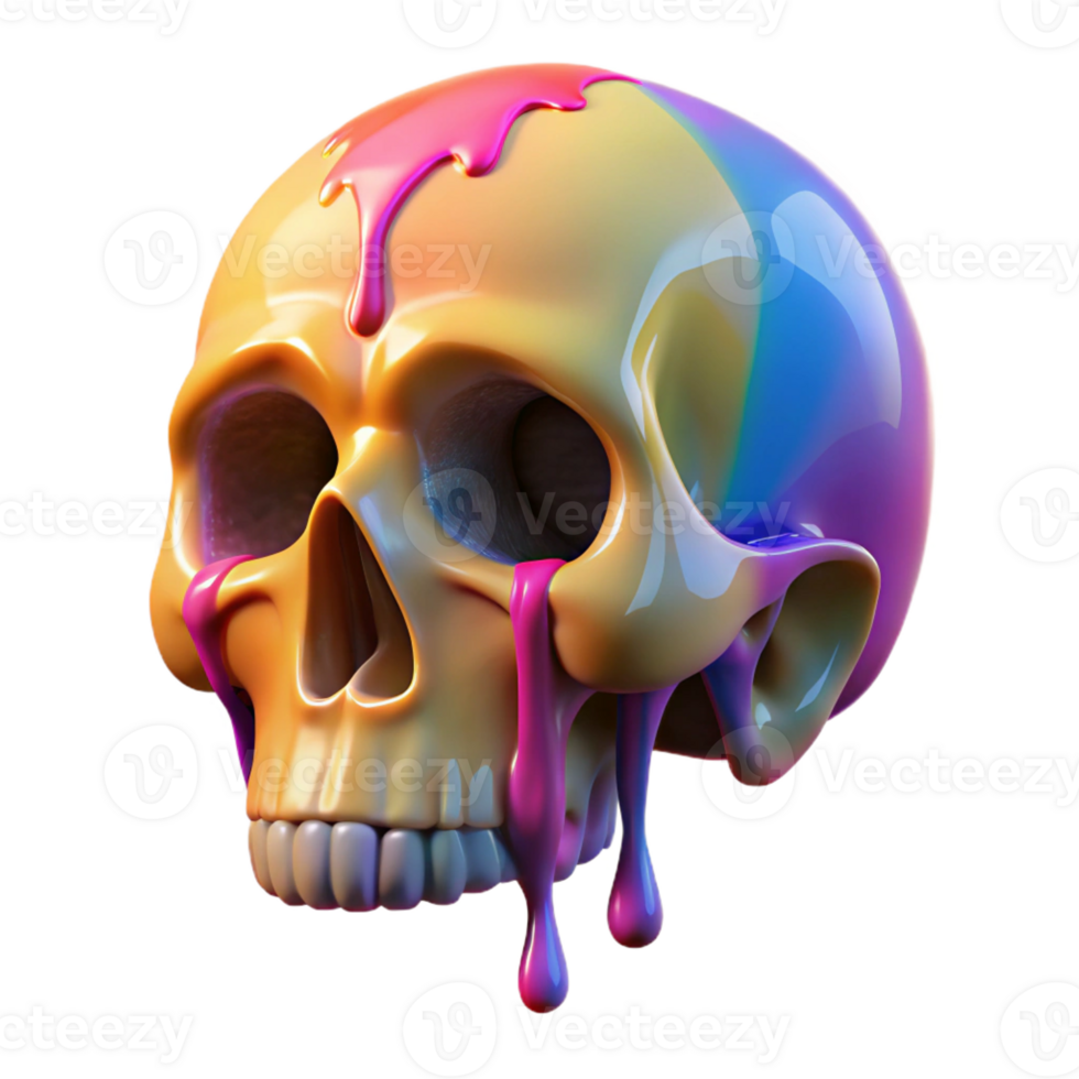 sought-after creative Photorealistic, hyper-specific, isolated cutout of a single, melting, wax anatomical human skull, dripping with vibrant rainbow colors with Transparent Background sharp png