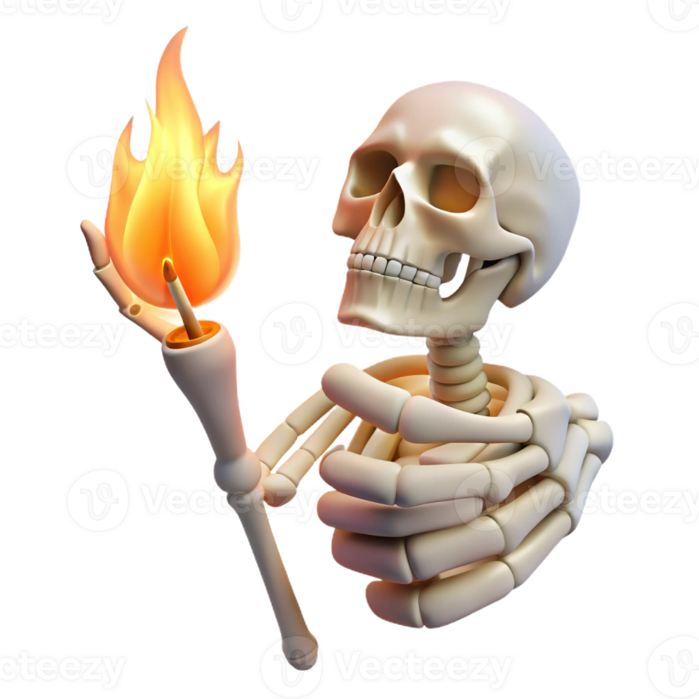 pristine inspired Ultra-detailed, professional render of a solitary, levitating, human hand skeleton, holding a single, burning matchstick with Transparent Background png