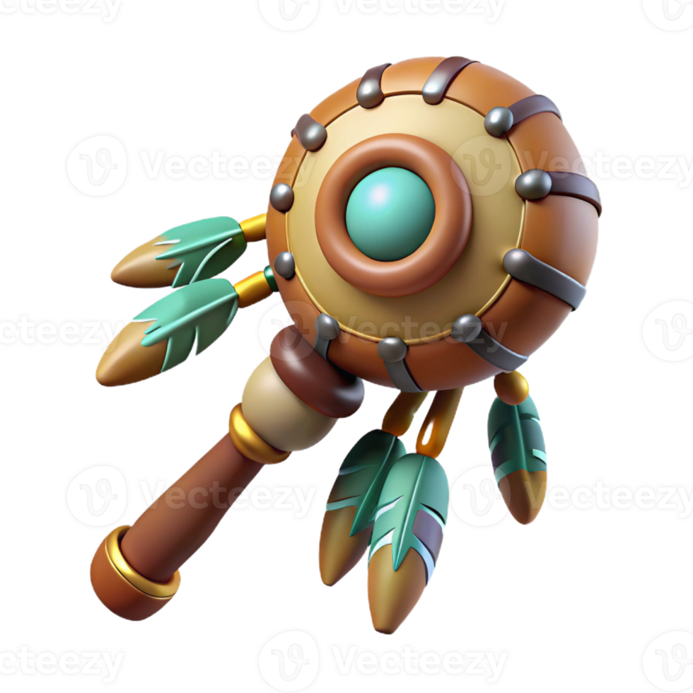 striking traditional Isolated cutout, concept art style depiction of a tribal shaman's ceremonial rattle adorned with feathers and beads with Transparent Background exclusive png