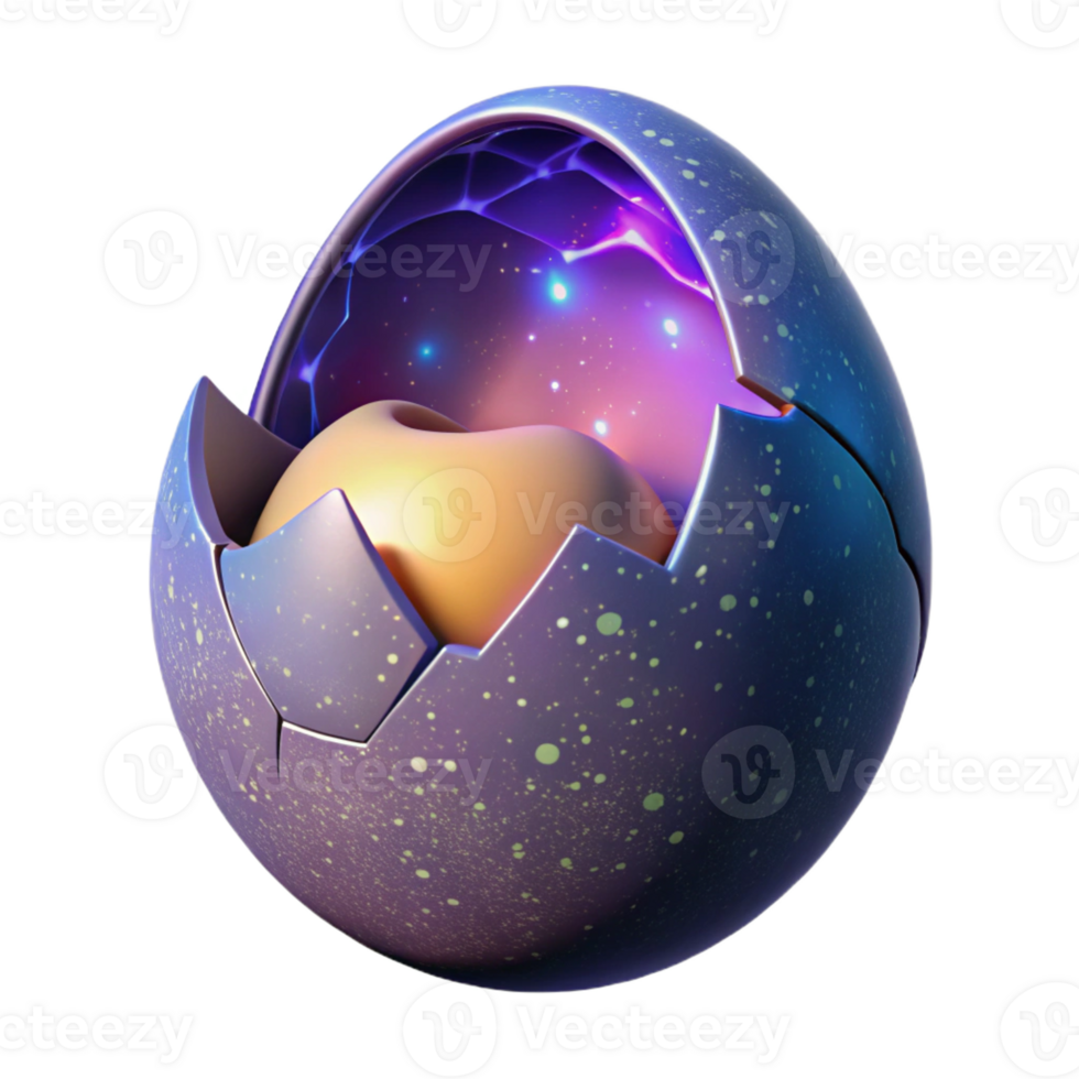 mesmerizing distinctive Ultra-detailed, professional render of a solitary, levitating, cracked, eggshell, with a miniature, glowing galaxy visible inside with Transparent Background png