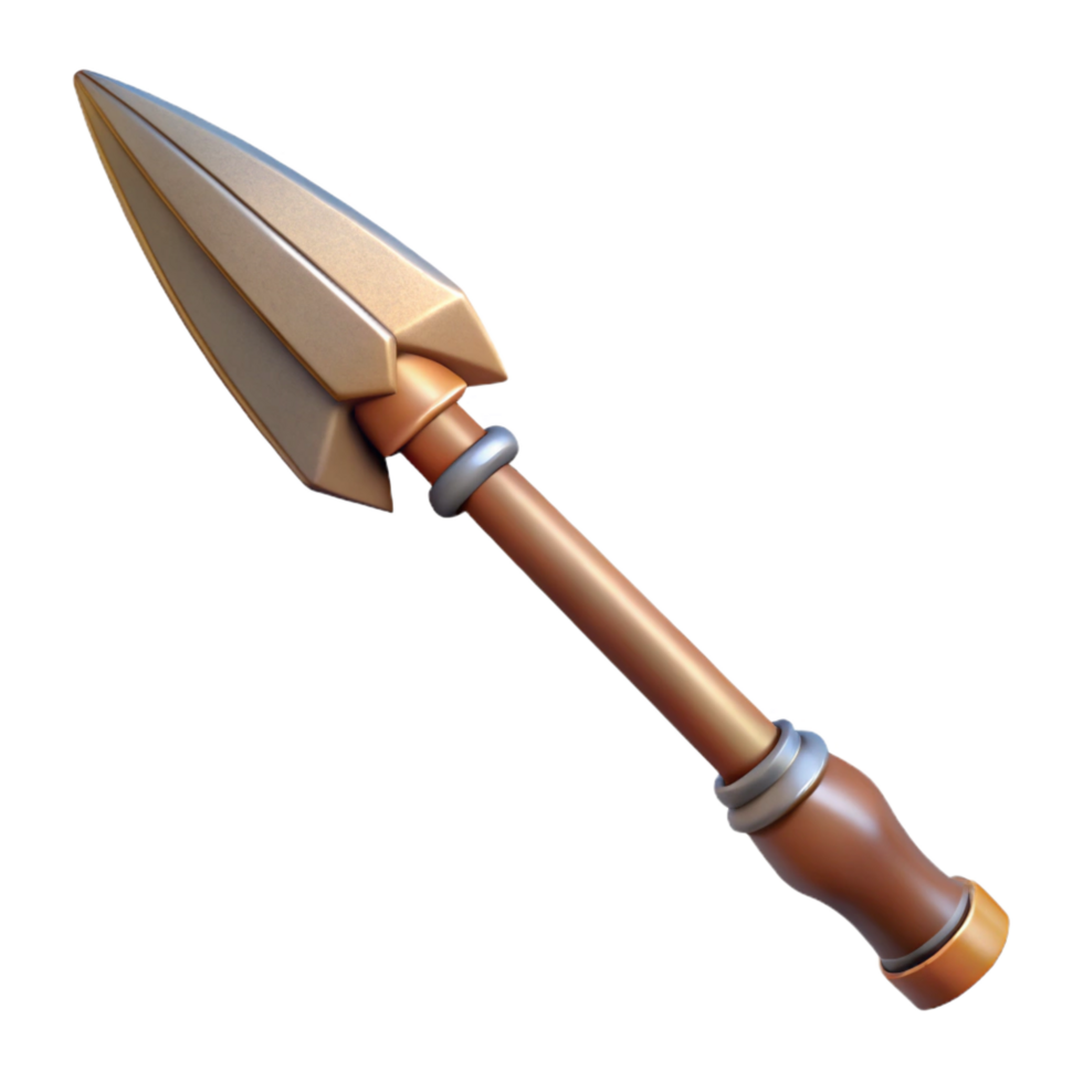 radiant elegant Hyper-specific, professional render of a tribal spear with a hand-carved wooden shaft and a sharpened flint point Isolated cutout with Transparent Background professional png