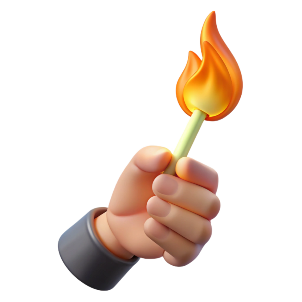 picturesque unforgettable Hyper-specific, ultra-detailed, isolated cutout of a single, disembodied hand holding a burning matchstick with Transparent Background png
