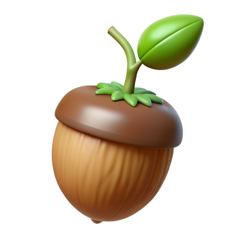 sumptuous retro Hyper-specific professional render of a single, sprouting acorn with visible root and emerging stem Isolated cutout with Transparent Background impeccable png