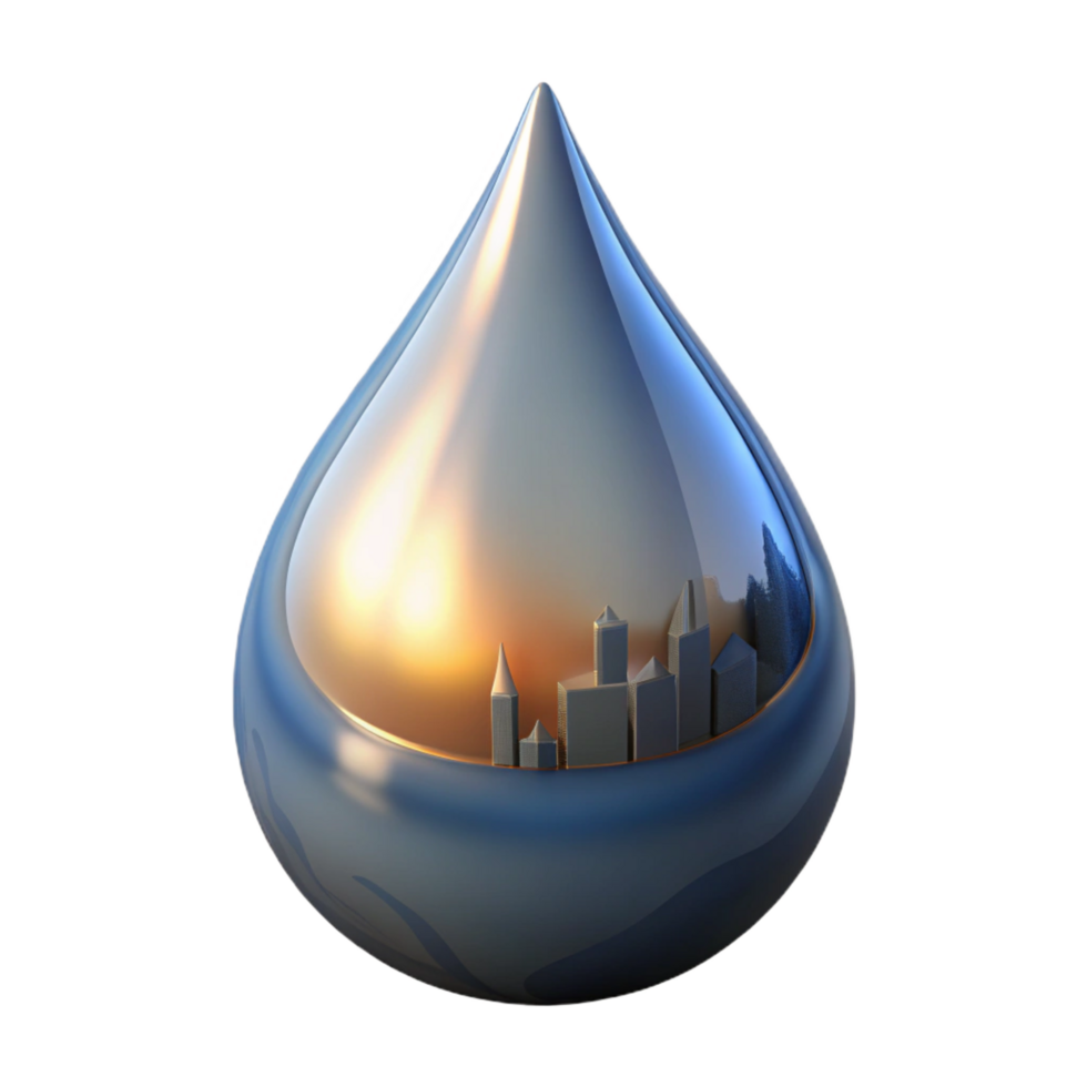 timeless geometric Concept art style, isolated cutout of a single, giant, hyperrealistic tear drop, reflecting a distorted image of a burning cityscape with Transparent Background masterfully captured png