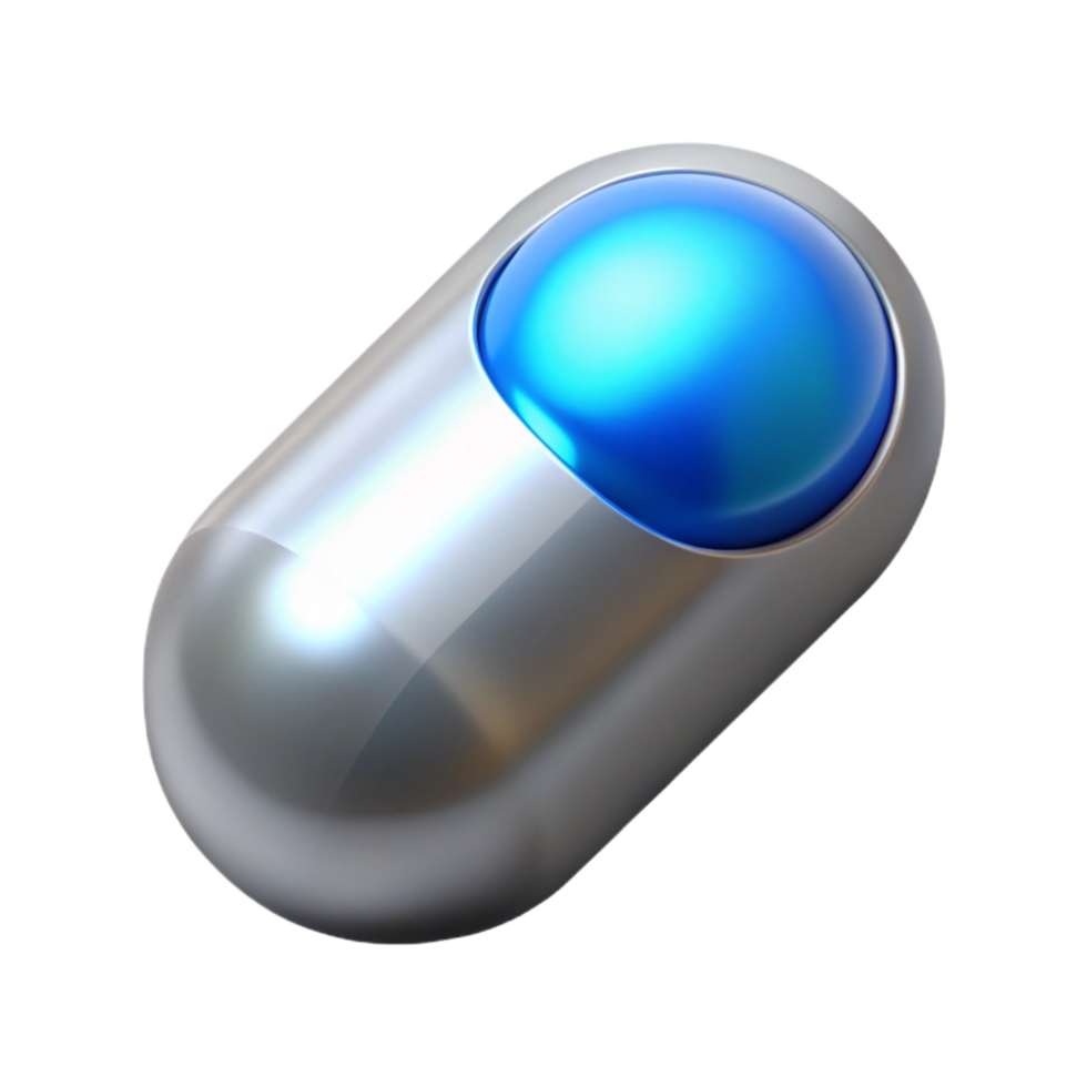 vibrant rare Isolated cutout, photorealistic, ultra-detailed A single, gleaming silver pill with a glowing blue core with Transparent Background png